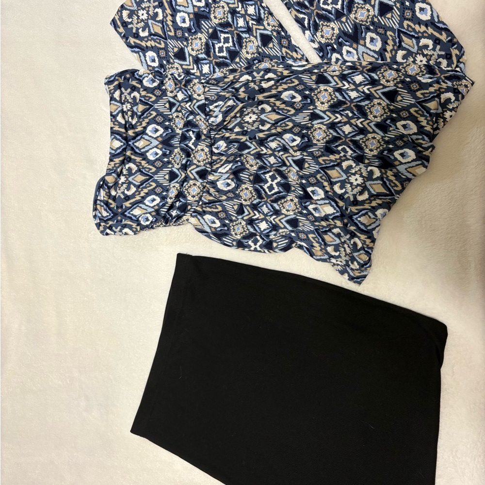 Blue Geometric Printed Strapless Jumpsuit with Black Maxi-Skirt Set